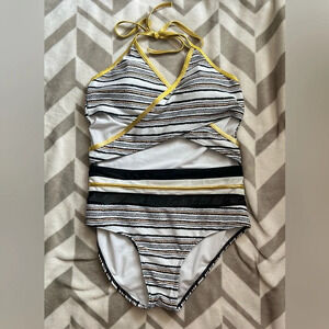 Target White, Black, and Gold Striped Cutout One Piece Swimsuit Size Small